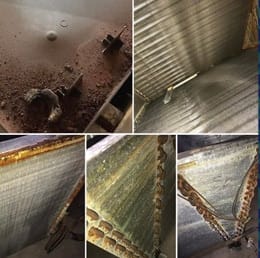 Close-ups of a rusted, debris-clogged evaporator coil before an AC coil cleaning