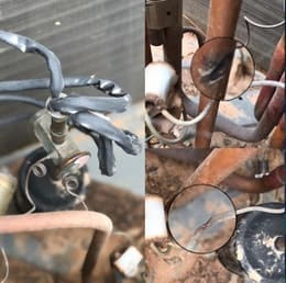 Damaged wiring and cracked refrigerant line joints found during an AC inspection