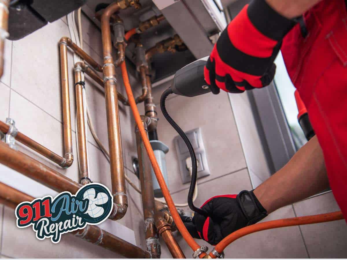 Technician inspecting pipes to detect Carbon Monoxide Leaks in your HVAC system